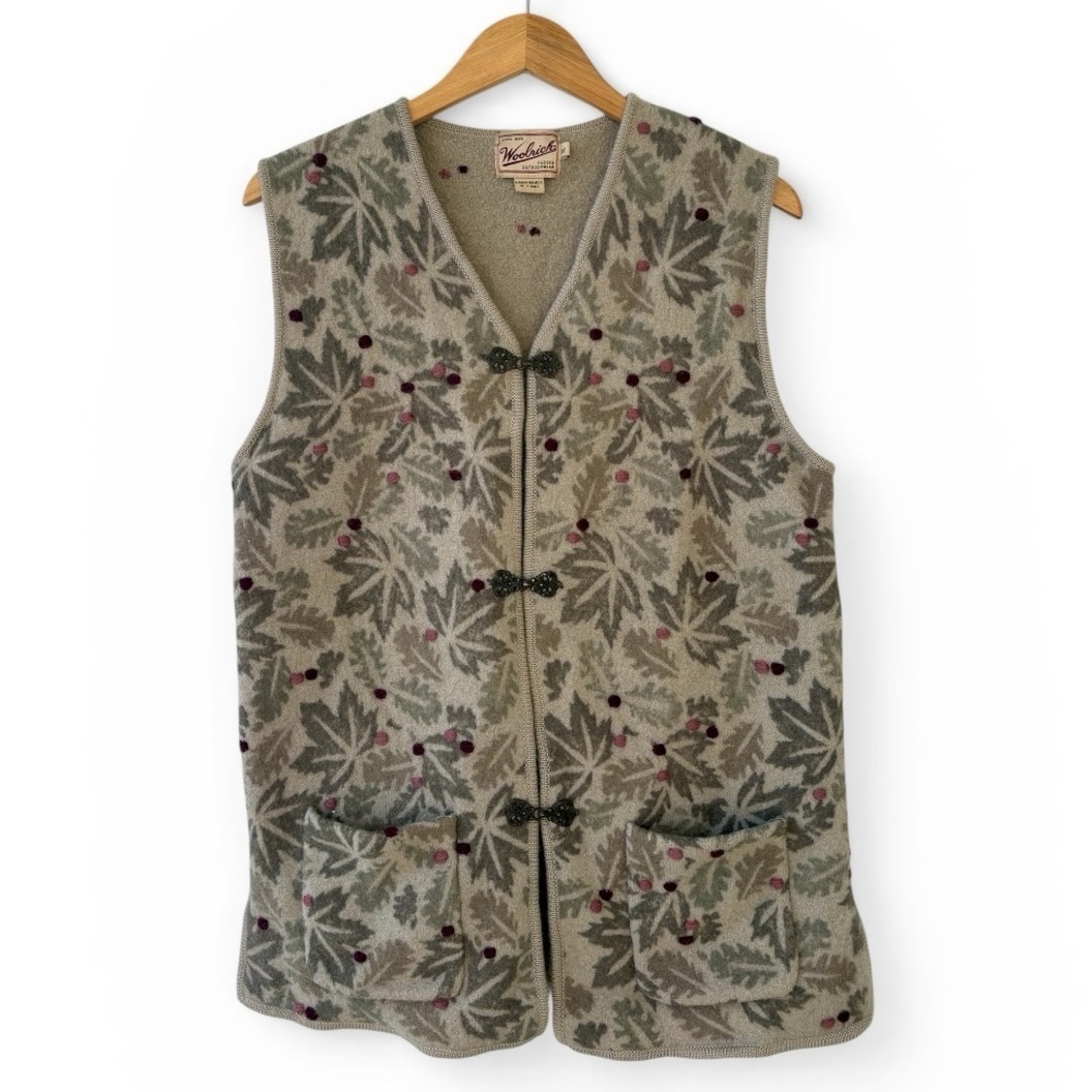 Woolrich 100% Wool Leaf Print Sweater Vest Rustic Cottagecore  XL
